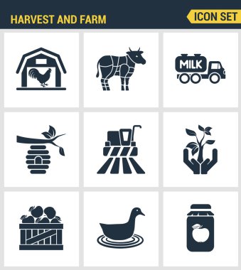 Simgeler hasat ve tarım tarım iş prim kalitesini ayarlayın. Modern pictogram koleksiyonu düz tasarım tarzı sembol koleksiyonu. Yalıtılmış beyaz arka plan.