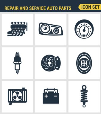 Simgeler onarım ve servis oto parçaları otomotiv araçları garaj üstün kalite ayarlayın. Modern pictogram koleksiyonu düz tasarım tarzı sembol koleksiyonu. Yalıtılmış beyaz arka plan.