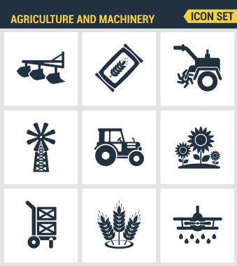 Simgeler tarım ve makine taşıma traktör teknolojisinin üstün kalitesini ayarlayın. Modern pictogram koleksiyonu düz tasarım tarzı sembol koleksiyonu. Yalıtılmış beyaz arka plan.