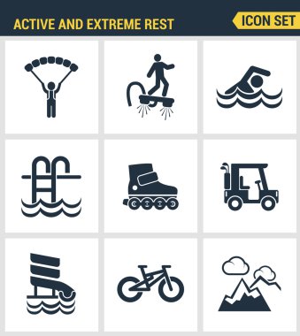 Simgeler aktif ve aşırı dinlenme tatil hafta sonu spor hobi yaşam tarzı prim kalitesini ayarlayın. Modern pictogram koleksiyonu düz tasarım tarzı sembol koleksiyonu. Yalıtılmış beyaz arka plan.