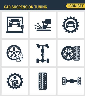 Simgeler araç süspansiyon ayar taşıma mekanik garaj onarım prim kalitesini ayarlayın. Modern pictogram koleksiyonu düz tasarım tarzı sembol koleksiyonu. Yalıtılmış beyaz arka plan.
