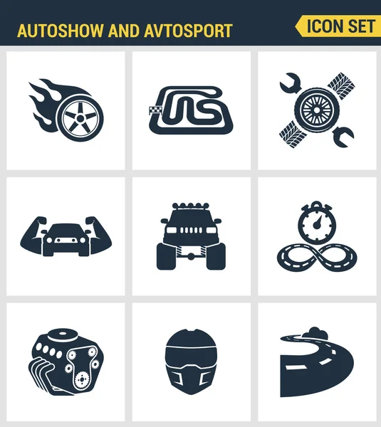 Icons set premium quality of autoshow and avtosport monster truck engine car racing rally muscle car. Modern pictogram collection flat design style symbol collection. Isolated white background. — Stock Vector