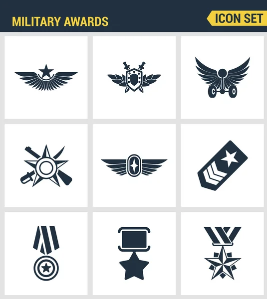 Los iconos establecen la calidad premium de los premios militares medalla estrella premio ganador símbolo de la victoria. Colección de pictogramas moderna colección de símbolos de diseño plano. Fondo blanco aislado . — Vector de stock