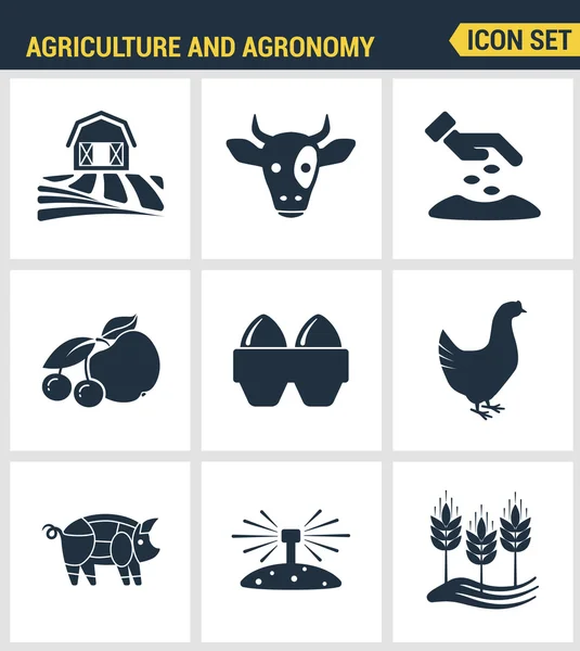 Die Symbole setzen die Premium-Qualität der Landwirtschaft und die Ikone der Agronomie setzen das Futtermittelgeschäft. moderne Kollektion von Piktogrammen mit flachem Design und Symbolkollektion. isolierter weißer Hintergrund. — Stockvektor