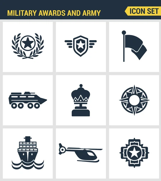 Ikonok meg kiváló minőségű katonai díjakat és a hadsereg győztes embléma trófea medalion. Modern piktogram gyűjtemény sík design stílusú szimbólumgyűjteményt. Elszigetelt fehér háttér. — Stock Vector