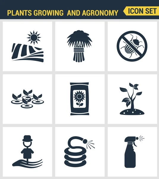 Simgeler büyüyen bitkilerin üstün kalite ve tarım çiftçi biyo kök ayarlayın. Modern pictogram koleksiyonu düz tasarım tarzı sembol koleksiyonu. Yalıtılmış beyaz arka plan. — Stok Vektör