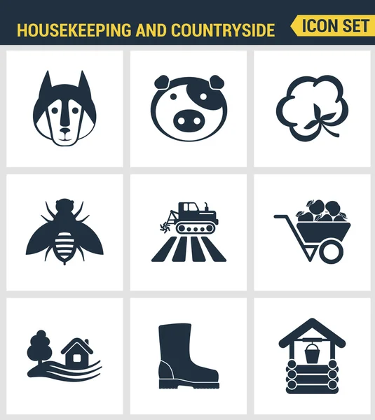 Icons set premium quality of housekeeping and countryside industry agronomy agriculture. Modern pictogram collection flat design style symbol collection. Isolated white background. — Stock Vector