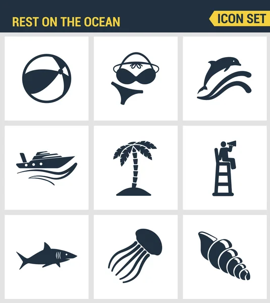 Los iconos establecen calidad premium de descanso en el océano natación viajes vacaciones de recreo verano. Colección de pictogramas moderna colección de símbolos de diseño plano. Fondo blanco aislado . — Archivo Imágenes Vectoriales