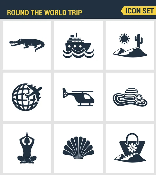 Icons set premium quality of round the world trip transport vacation travelling transportation. Modern pictogram collection flat design style symbol collection. Isolated white background. — Stock Vector