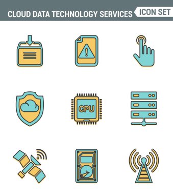 Simgeler hattı bulut veri teknolojisi hizmetleri, küresel bağlantı üstün kalite ayarlayın. Modern pictogram koleksiyonu düz tasarım tarzı. Yalıtılmış beyaz arka plan