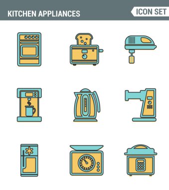 Simgeler hattı mutfak gereçleri, ev aletleri ve sofra üstün kalite ayarlayın. Modern pictogram koleksiyonu düz tasarım tarzı sembolü . Yalıtılmış beyaz arka plan