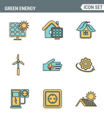 Simgeler hattı çevre dostu yeşil enerji prim kalitesi ayarlamak, temiz kaynaklar güç. Modern pictogram koleksiyonu düz tasarım tarzı sembolü . Yalıtılmış beyaz arka plan.