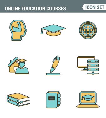 Simgeler hattı online eğitim sınıfı ve internet ders çalışması prim kalitesi ayarlayın. Modern pictogram koleksiyonu düz tasarım tarzı sembolü . Yalıtılmış beyaz arka plan