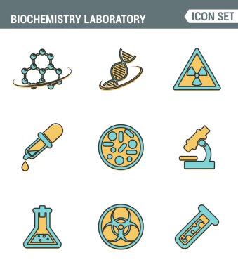 Simgeler hattı biyokimya araştırma, biyoloji laboratuvar deney prim kalite ayarlayın. Modern pictogram koleksiyonu düz tasarım tarzı sembolü . Yalıtılmış beyaz arka plan