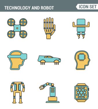 Simgeler hattı, geleceğin teknolojisinin ve yapay akıllı robotun üstün kalitesini belirler. Modern pictogram koleksiyonu düz tasarım tarzı sembolü . Yalıtılmış beyaz arka plan