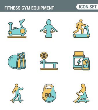 Simgeler hattı fitness spor ekipmanları, spor rekreasyon aktivitesi prim kalite ayarlayın. Modern pictogram koleksiyonu düz tasarım tarzı sembolü . Yalıtılmış beyaz arka plan