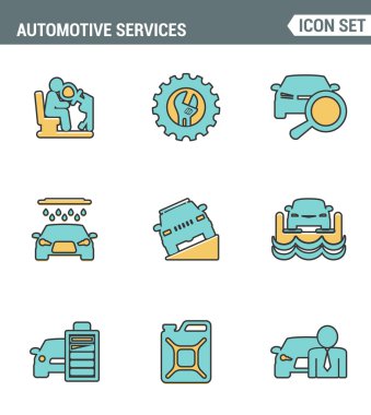 Simgeler hattı otomotiv hizmetleri taşıma teknisyeni sisteminin üstün kalite ayarlayın. Modern pictogram koleksiyonu düz tasarım tarzı sembolü . Yalıtılmış beyaz arka plan