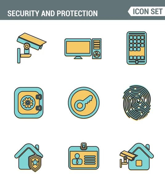 Iconos Conjunto de línea de calidad premium varios objetos de seguridad, sistema de información y protección de datos, elementos de acceso de seguridad. Estilo moderno diseño plano de la colección de pictogramas. Aislado sobre fondo blanco — Archivo Imágenes Vectoriales