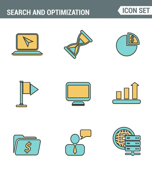 La línea de iconos establece la calidad premium de optimización de motores de búsqueda de sitios web, análisis SEO y gestión de datos, desarrollo de tráfico de páginas web. Colección pictograma moderno estilo de diseño plano — Vector de stock