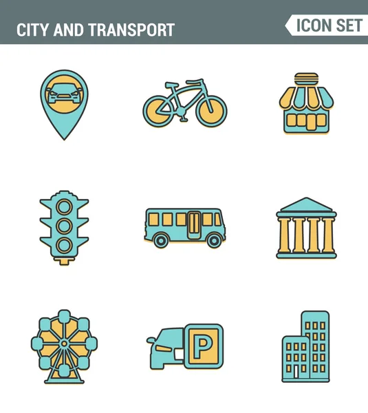 La línea de iconos establece la calidad premium de varios elementos de la ciudad, señal de transporte público. Estilo moderno diseño plano de la colección de pictogramas. Fondo blanco aislado — Archivo Imágenes Vectoriales