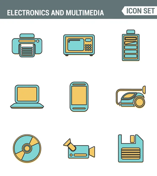 La línea de iconos establece la calidad premium de la electrónica del hogar y los dispositivos multimedia personales. Estilo moderno diseño plano de la colección de pictogramas. Fondo blanco aislado — Archivo Imágenes Vectoriales