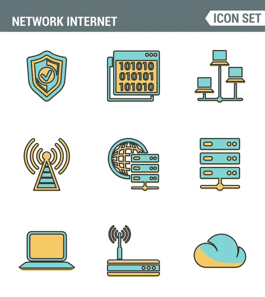 Linia ikon zestaw wysokiej jakości chmury obliczeniowej sieci, technologii danych internetowych. Nowoczesna kolekcja piktogramów płaski symbol stylu projektu. Izolowane białe tło. — Wektor stockowy