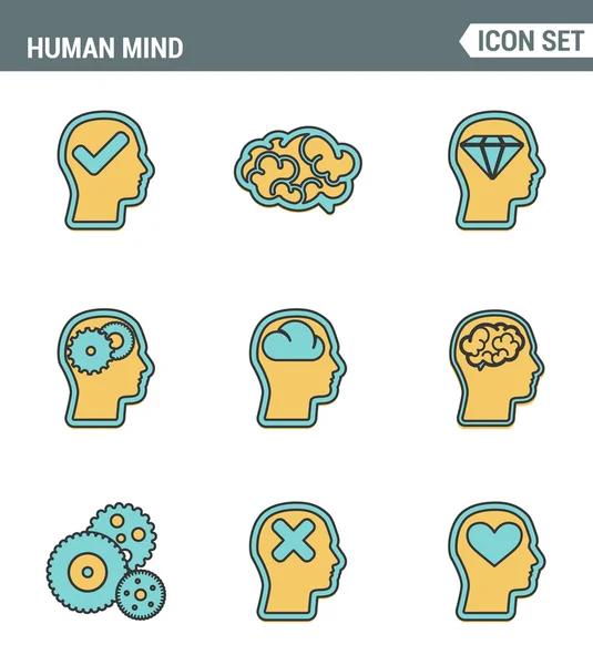 Ícones linha definir qualidade premium do processo de mente humana, características cerebrais e emoções. Coleção pictograma moderno símbolo de estilo de design plano. Fundo branco isolado —  Vetores de Stock