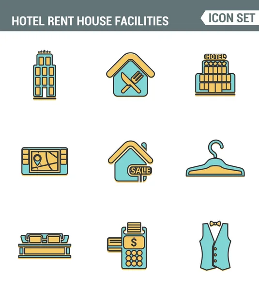 Icons line set premium quality of hotel service amenities, rent house facilities. Modern pictogram collection flat design style symbol . Isolated white background — Stock Vector