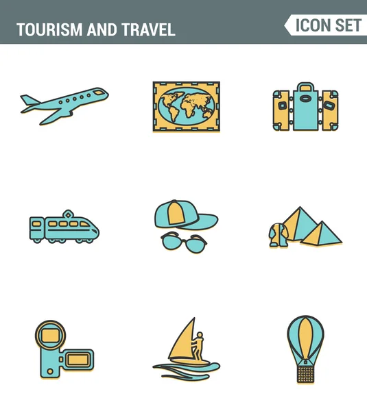 Icons line set premium quality of tourism travel transportation, trip to resort hotel. Modern pictogram collection flat design style symbol . Isolated white background — Stock Vector