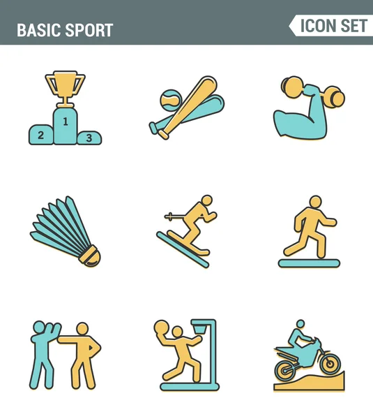 La línea de iconos establece la calidad premium del deporte básico y el entrenamiento de desarrollo deportivo. Pictograma moderno colección de diseño plano símbolo de estilo. Fondo blanco aislado — Vector de stock