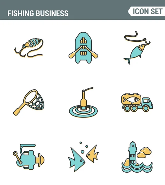 Icons line set premium quality of fishing business transportation fish seafood sea. Современная коллекция пиктограмм с плоским дизайном. Изолированный белый фон — стоковый вектор