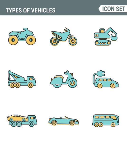 La línea de iconos establece la calidad premium de los tipos de vehículos de transporte de automóviles icono de automóviles. Pictograma moderno colección de diseño plano símbolo de estilo. Fondo blanco aislado — Archivo Imágenes Vectoriales