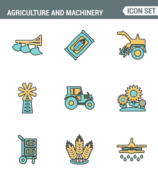 La línea de iconos establece la calidad premium de la agricultura y la tecnología de tractores de transporte de maquinaria. Pictograma moderno colección de diseño plano símbolo de estilo. Fondo blanco aislado — Archivo Imágenes Vectoriales