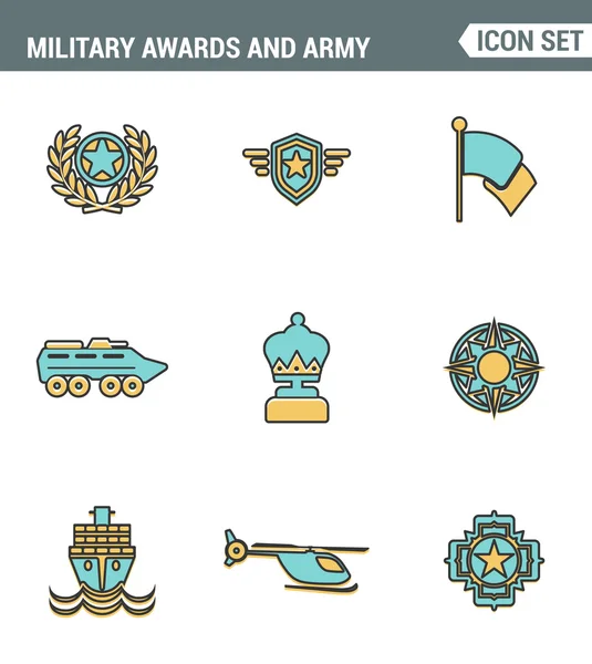 Icons line set premium quality of military awards and army winner emblem trophy medallion. Modern pictogram collection flat design style symbol . Isolated white background — Stock Vector