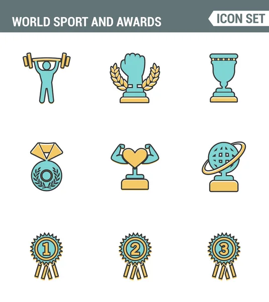 Ícones linha definir qualidade premium do esporte e prêmios campeonato de vitória do troféu. Coleção pictograma moderno símbolo de estilo de design plano. Fundo branco isolado — Vetor de Stock