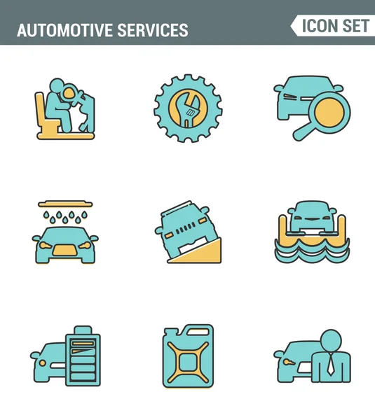 Linia ikon zestaw najwyższej jakości usług motoryzacyjnych transportu systemu technika. Nowoczesna kolekcja piktogramów płaski symbol stylu projektu. Izolowane białe tło — Wektor stockowy