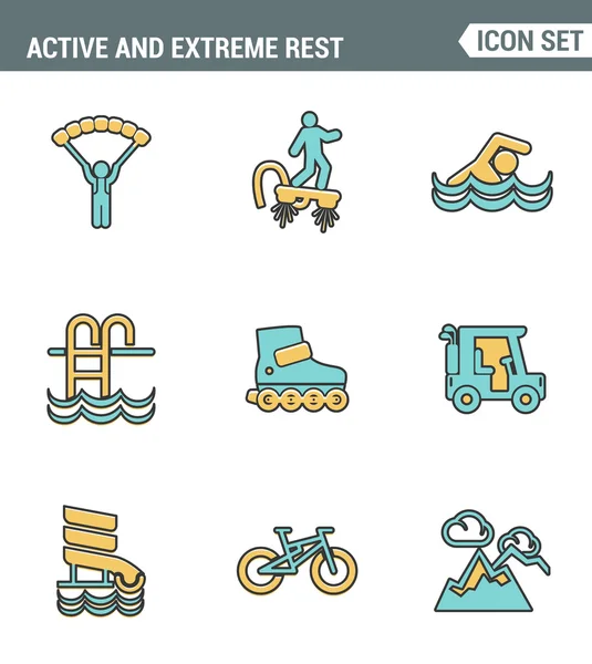 Icons line set premium quality of active and extreme rest holiday weekend sports hobby life style. Modern pictogram collection flat design symbol . Isolated white background — Stock Vector