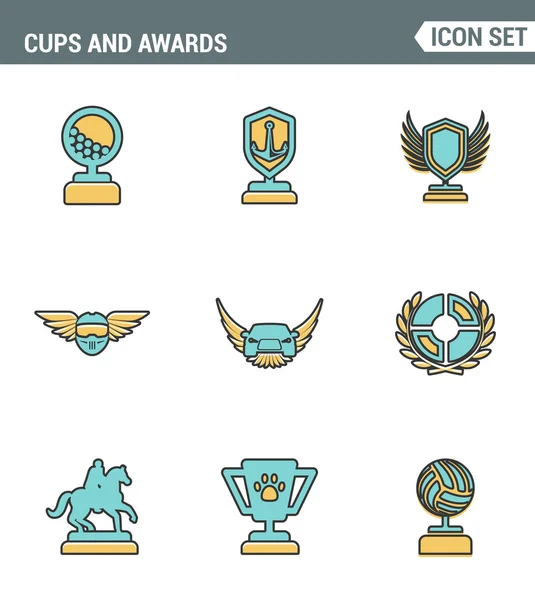 Icons line set premium quality of cups and awards prize victory award champ trophy. Modern pictogram collection flat design style symbol . Isolated white background — Stock Vector