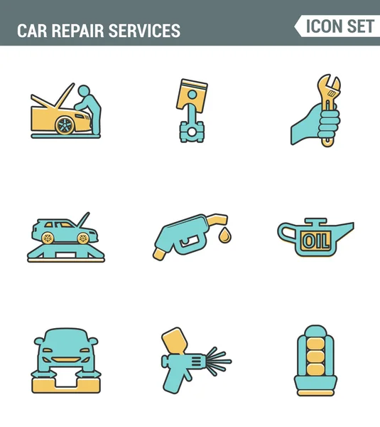 Icônes ligne définir la qualité supérieure des services de réparation automobile instrumentation support service d'outil de technologie. pictogramme moderne collection design plat symbole de style. Fond blanc isolé — Image vectorielle