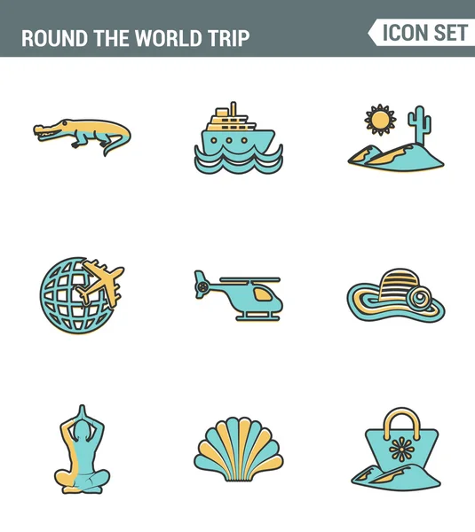 Icons line set premium quality of round the world trip transport vacation travelling transportation. Modern pictogram collection flat design style symbol . Isolated white background — Stock Vector