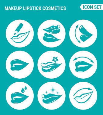 Vektör kümesi web simgeleri ayarlayın. Makyaj ruj kozmetik dudaklar, Dudak kalemi, parlak, dudaklar üzerinde çevrenin korunması etkisi. Turkuaz arka plan üzerindeki işaretlerin, sembollerin tasarımı