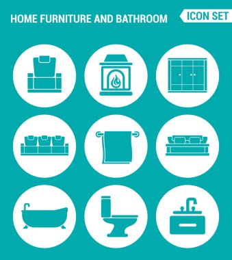 Vektör kümesi web simgeleri ayarlayın. Ev mobilyaları ve banyo, koltuk, şömine, gardırop, kanepe, havlu, banyo, tuvalet, lavabo. Turkuaz arka plan üzerindeki işaretlerin, sembollerin tasarımı