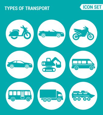 Vektör kümesi web simgeleri ayarlayın. Taşıma scooter, cabrio, motosiklet, araba, traktör, kazıcı, otobüs, kamyon, tank türleri. Turkuaz arka plan üzerindeki işaretlerin, sembollerin tasarımı