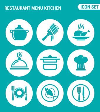Vektör kümesi web simgeleri ayarlayın. Restoran menü mutfak, çatal, tavuk, yemek, tencere, aşçı, çatal bıçak takımı, balık. Turkuaz arka plan üzerindeki işaretlerin, sembollerin tasarımı