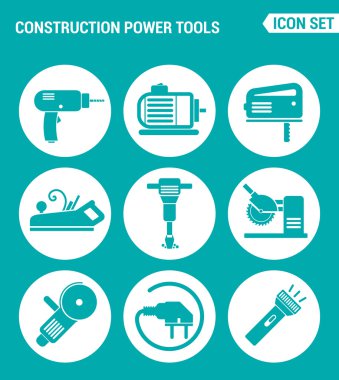 Vector set web icons. Construction Power Tools Drill perforator, saw, planer, pneumatic hammer, Angle grinder, socket, Lantern. Design of signs, symbols on a turquoise background clipart