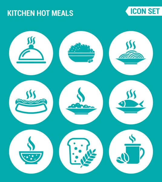 Icone web set vettoriali. Cucina pasti caldi, piatto, uova, pasta, hot dog, pesce, zuppa, porridge, pane, caffè. Progettazione di segni, simboli su sfondo turchese — Vettoriale Stock