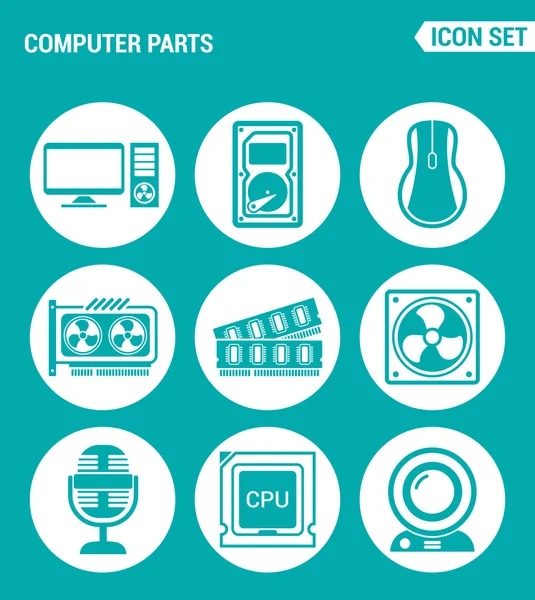 Vektör kümesi web simgeleri ayarlayın. Bilgisayar parçaları, sabit disk, fare, ekran kartı, Ram, soğutucu, Cpu, web kamerası, mikrofon. Turkuaz arka plan üzerindeki işaretlerin, sembollerin tasarımı — Stok Vektör