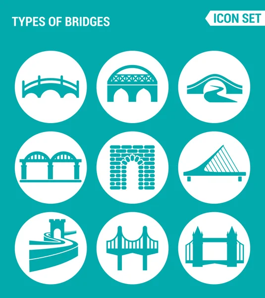 Vector set web icons. KInds of bridges architecture, construction. Design of signs, symbols on a turquoise background — Stock Vector