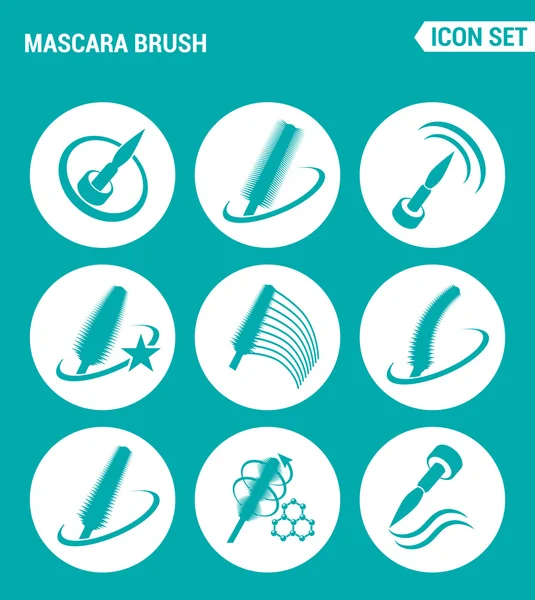 Ensemble de vecteurs icônes web. Mascara brosse, augmenter le volume, différents types de brosses, nouvelle formule. Conception de signes, symboles sur un fond turquoise — Image vectorielle