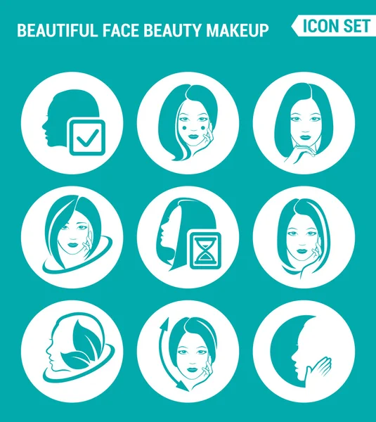 Vector set web iconen. Mooi gezicht, schoonheid make-up, Facial, haar, huid, cosmetica. Ontwerp van tekens, symbolen op een turquoise achtergrond — Stockvector